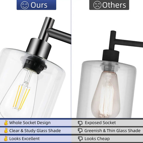 Comparison showing Industrial Floor Lamp With Hanging Glass Shade In Black Farmhouse Vibe against competitor with socket and glass differences