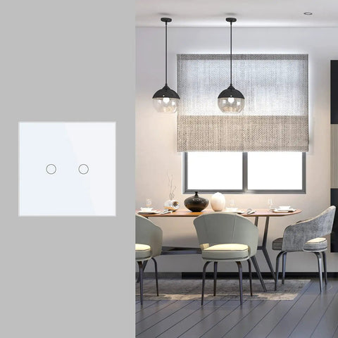 Wall Touch Light Switch No Neutral 2-Gang With White Tempered Glass Panel in dining room setting with modern decor