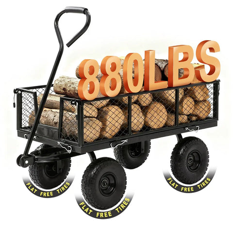 Beefy Heavy Duty Garden Wagon Cart With 880 Lb Capacity loaded with firewood, solid wheels, and removable sides in black steel frame.