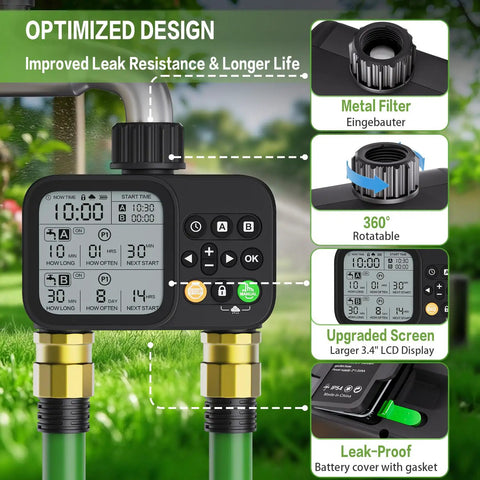 Two Outlet Sprinkler Timer With Rain Delay Manual And Automatic Watering System Digital Outdoor Irrigation Controller With Large Display For Garden Yard And Lawn Workhorse Weatherproof Black showing LCD screen and hose connectors.