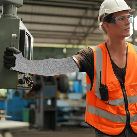 Heavy Duty Cut Resistant Arm Sleeves With Thumb Hole Tough As Nails Forearm Guards Designed For Welding And Auto Repair on worker