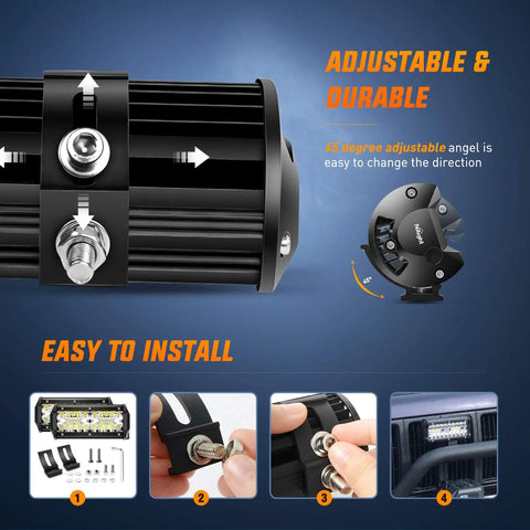 Close-up of 6.5 Inch 120W Spot And Flood LED Light Bar Set with adjustable mount, off-road work lamps installation guide