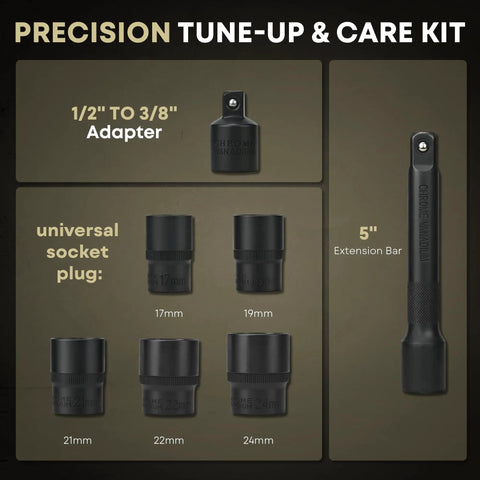 Precision tune-up and care kit with universal socket plug sizes 17-24mm, 1/2 to 3/8 adapter, and 5 inch extension bar.