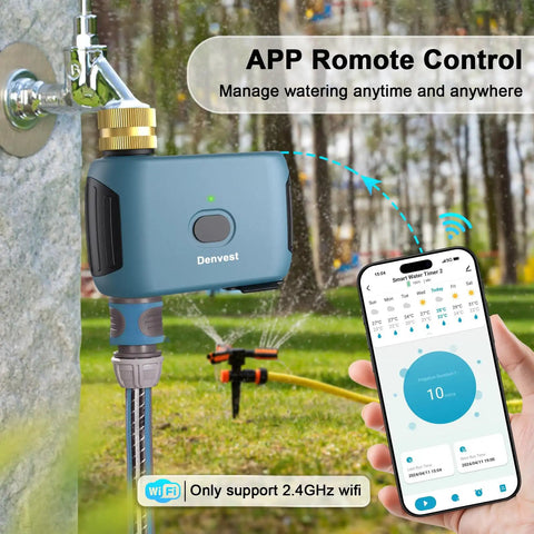 Smart Sprinkler Timer With Brass Inlet And Outlet 1 Zone Hose Faucet Controller With WiFi Hub in use with smartphone app