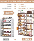 Comparison of 6-tier and 8-tier shoe racks with Boss 8 Tier Shoe Rack Organizer For Closet Entryway And Garage Brown Holds 26 To 32 Pairs Of Shoes And Boots With 15 Hooks Stackable Large Shoe Shelf For Boots Boxes And Bags