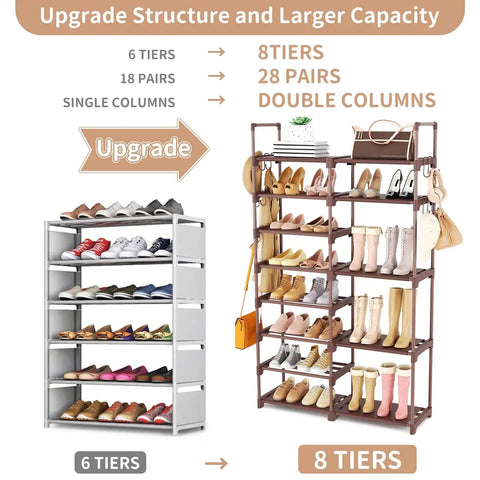Comparison of 6-tier and 8-tier shoe racks with Boss 8 Tier Shoe Rack Organizer For Closet Entryway And Garage Brown Holds 26 To 32 Pairs Of Shoes And Boots With 15 Hooks Stackable Large Shoe Shelf For Boots Boxes And Bags