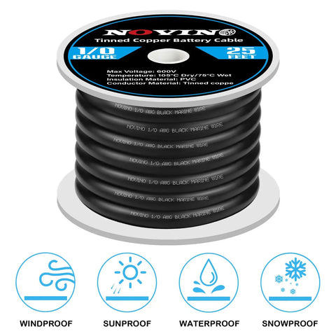 One Zero AWG Battery Cable For Marine, Automotive, Solar And Welding Use, Heavy Duty Copper Wire, Tin Coated For Saltwater Corrosion Resistance, 600V Rated, Pure Copper Marine Grade Wire For Generator And Power Systems. 1/0 AWG 25ft spool