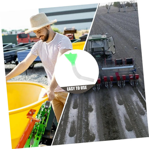 Multipurpose Seed Drill Tube Kit For Precision Planting Wheat Corn Grain And Tree Seedlings With An Adjustable Length Seeder Tube For Garden And Farm Projects Built To Last With Pro Grade Seeding, showing use in field and farmer handling equipment.
