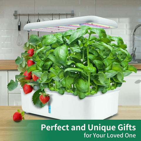 Indoor Hydroponics Garden System With LED Grow Light And 14 Pods, basil and strawberries, kitchen counter setting