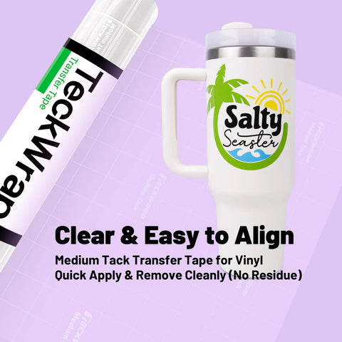 Clear Transfer Tape For Vinyl With Alignment Grid, 12 Inch By 10 Ft roll next to a decorated mug.