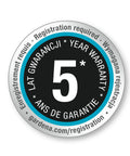5-year warranty badge with multilingual text indicating registration required, Gardena website link included.