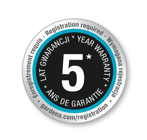 5-year warranty badge with multilingual text indicating registration required, Gardena website link included.