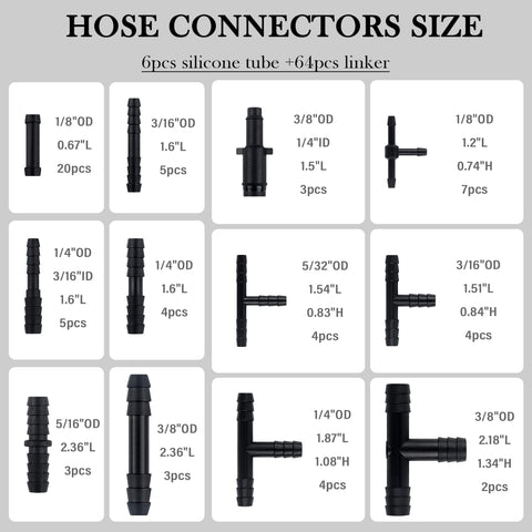 Connector sizes in Six Size Silicone Vacuum Hose Kit With 4.9Ft Length And 64 Vacuum Line Connectors For Automotive Use