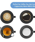 Self Heating Coffee Mug 12 Oz Stainless Steel Travel Tumbler With Rechargeable Charging Base And Lid with various drinks.