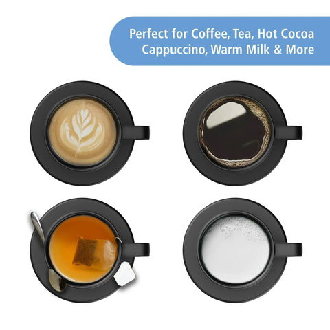 Self Heating Coffee Mug 12 Oz Stainless Steel Travel Tumbler With Rechargeable Charging Base And Lid with various drinks.