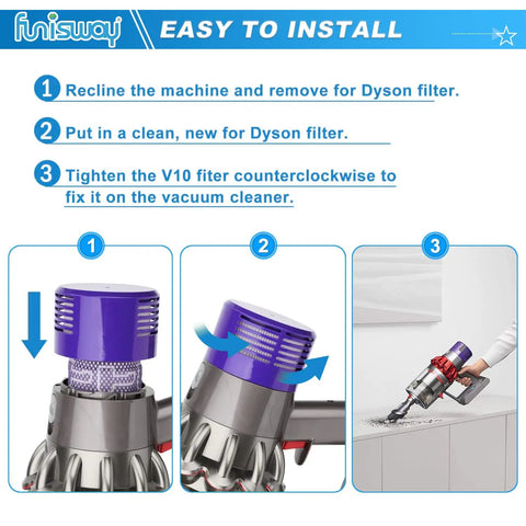 Installation steps for 2 Pack V10 Vacuum Replacement Filters With Cleaning Brush Included Compatible With V10 Cyclone Series V10 Animal