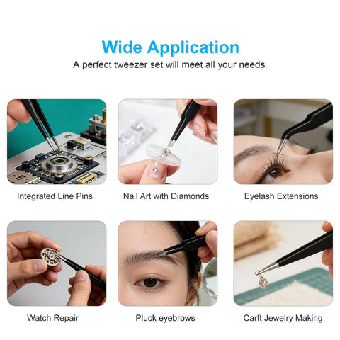 Three-Piece Precision Tweezers Set With Fine Straight Tip, Fine Curved Tip, And Flat Round Tip, Upgraded ESD Safe Anti-Static Crafting Tweezers For Electronics, Jewelry, And Detailed Work, Hand-Polished For Next-Level Accuracy. Wide application for electronics, nails, lashes, and jewelry.