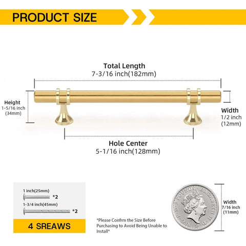 Gold Cabinet Pulls 10 Pack 5 Inch Heavy Duty Zinc Alloy Drawer Handles with Dimensions and Size Comparison