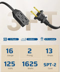 Close-up of Three Outlet Indoor Extension Cord Pack, 3 Ft 16 AWG Power Strip, 2 Prong Plug, Black, ETL Listed, 3 Pack For Lamps, Chargers, Fans And Small Electronics showing plug and outlet design with electrical specifications.