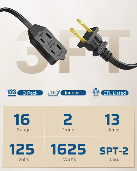 Close-up of Three Outlet Indoor Extension Cord Pack, 3 Ft 16 AWG Power Strip, 2 Prong Plug, Black, ETL Listed, 3 Pack For Lamps, Chargers, Fans And Small Electronics showing plug and outlet design with electrical specifications.