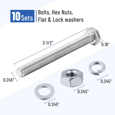 Nuts And Bolts Set 1/4-20 By 2-1/2 Inch Stainless Steel With Hex Nuts And Flat And Lock Washers, 10 Complete Sets