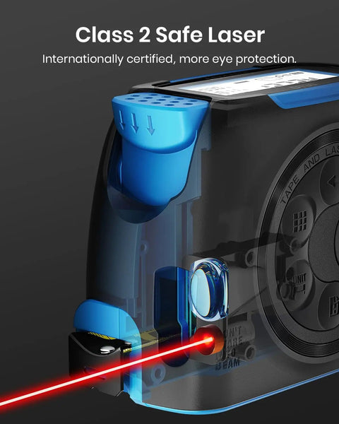 Close-up of laser emitting from 2 In 1 Laser Distance Meter And Auto Lock Tape Measure, 131 Ft Laser Range And 16 Ft Tape