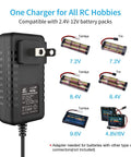 Go To All In One RC Battery Charger For NiMH And NiCd Packs 2S To 10S 7.2V To 12V With 800mA Or 500mA Output The Go To Charger For RC Cars And Airsoft Gear Not For Lithium Batteries shown with compatible battery sizes