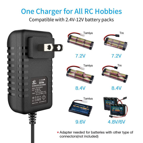 Go To All In One RC Battery Charger For NiMH And NiCd Packs 2S To 10S 7.2V To 12V With 800mA Or 500mA Output The Go To Charger For RC Cars And Airsoft Gear Not For Lithium Batteries shown with compatible battery sizes