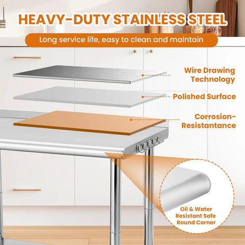 Go-To 36X24 Inch NSF Stainless Steel Work Table On Wheels With Hooks And A 3 Stage Adjustable Shelf showing build details