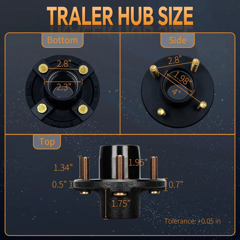Trailer hub kit, 4-lug, 2000 lb; fits 1" and 1-1/16" spindles with L44643/L44649 bearings (bottom/side/top views).