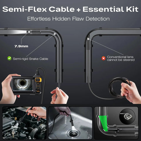 Boss HD Endoscope Camera With Light 1920P Borescope with semi-rigid snake cable and 4.3-inch IPS screen used in automotive.