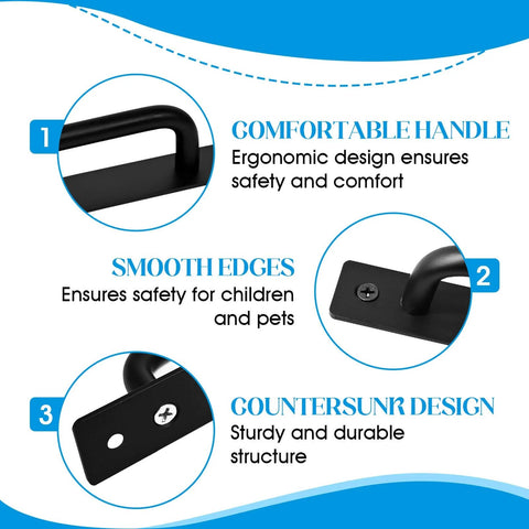 Features of 5 Inch Black Barn Door Handles 2 Pack Premium Aluminum Alloy Cabinet Pull Handles With Screws shown with close-ups of ergonomic design, smooth edges, and countersunk screws.