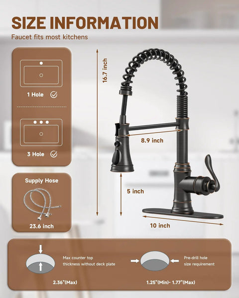 Oil Rubbed Bronze Kitchen Sink Faucet With Pull Down Sprayer size information and measurements display
