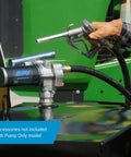 Close-up of Built Tough 12V Direct Mount Fuel Transfer Pump 15 GPM for gasoline with nozzle holder on tank.