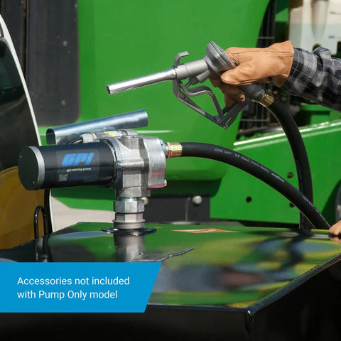 Close-up of Built Tough 12V Direct Mount Fuel Transfer Pump 15 GPM for gasoline with nozzle holder on tank.
