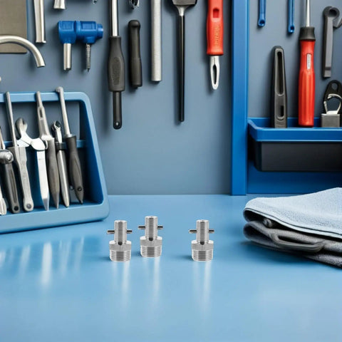 Super Heavy Duty Three Piece Stainless Steel Hydraulic Grease Fittings Kit With Corrosion Resistant Build For Maximum Durability On Cars Trucks Vans Motorcycles And Trailer Projects In Your Home Garage Shop. Three stainless steel grease fittings on a blue workbench.
