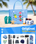 Spacious EVA Rubber Beach Tote Bag For Women Waterproof And Sandproof, blue with fruit embellishments on sandy beach