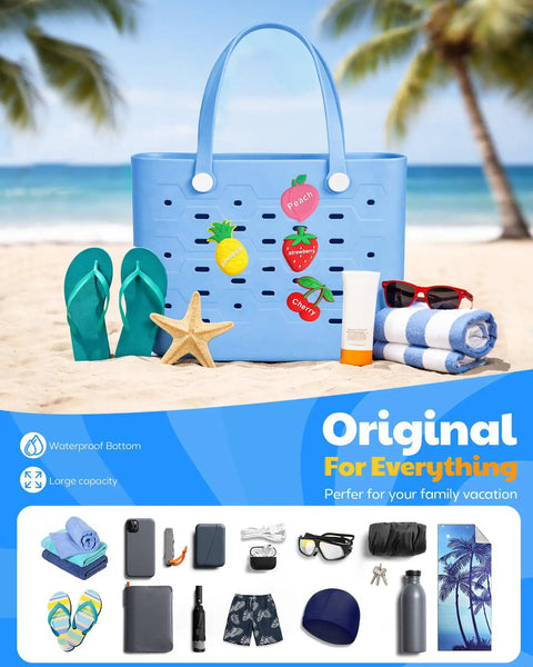 Spacious EVA Rubber Beach Tote Bag For Women Waterproof And Sandproof, blue with fruit embellishments on sandy beach