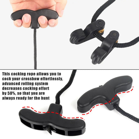Crossbow Cocking Rope Device with Double Handle, detailed view of nylon rope, heavy duty drawstring booster for quick cocking.