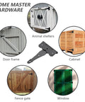 Illustration of 8 Inch Heavy Duty Decorative T Strap Hinge Rustproof Iron Black with various installation examples for sheds and gates.