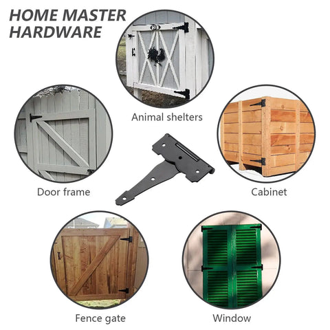 Image displaying 4 Inch Decorative T Strap Hinges set with screws on various applications: animal shelter, cabinet, door frame, fence gate, window.