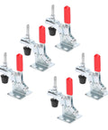 Super Cool Vertical Quick Release Clamp With Epic 30kg Grip For Welding And Heavy Duty Mechanical Work That Locks Tight And Keeps Jobs Secure No Slippage Allowed - set of five galvanized steel clamps with red handles.