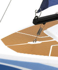 Close-up of Voyager 280 2.4GHz RC Sailboat With Detachable Electric Motor Blue Finish deck and mast. Indoor outdoor use.