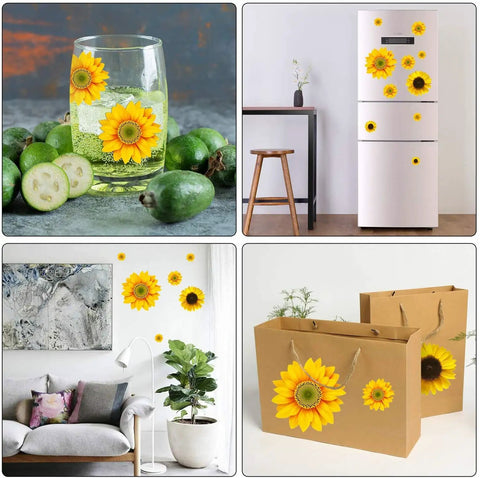 39 Piece 3D Sunflowers And Butterflies Wall Decals Set With Gold Accents applied to glass, fridge, wall, and bags for DIY decor