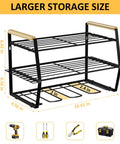 Power Tool Organizer Wall Mount For Garage Storage with dimensions, showing drill holder and tool rack in heavy duty steel.