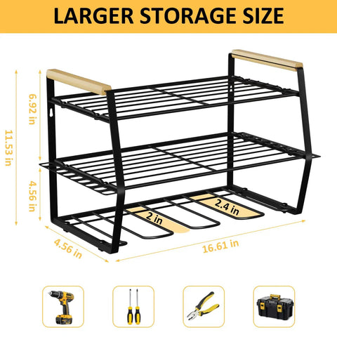 Power Tool Organizer Wall Mount For Garage Storage with dimensions, showing drill holder and tool rack in heavy duty steel.