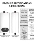 Compact Tankless Instant Electric Water Heater 3000W 110V specifications and dimensions chart with LED display features.