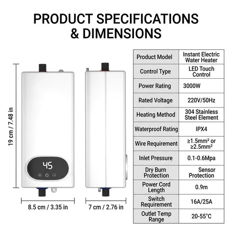 Compact Tankless Instant Electric Water Heater 3000W 110V specifications and dimensions chart with LED display features.