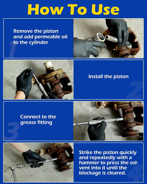 Steps using Heavy Duty Grease Fitting Cleaning Tool Zerk Cleaner Hammer for flushing dried grease from hardware.