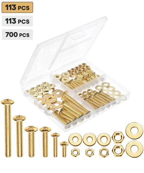 Heavy Duty Galvanized Iron Bolts And Nuts Assortment Kit With Washers 113 Piece Hardware Set organized in clear case with various sizes.